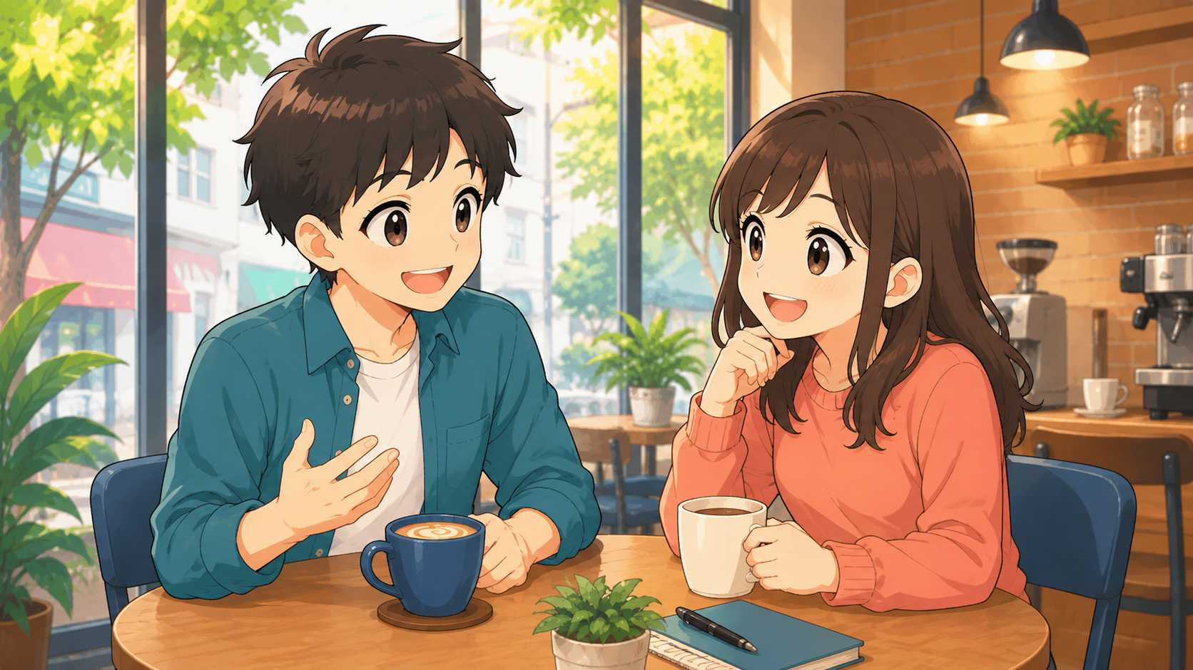 Two students enjoying everyday English conversation in a cafe