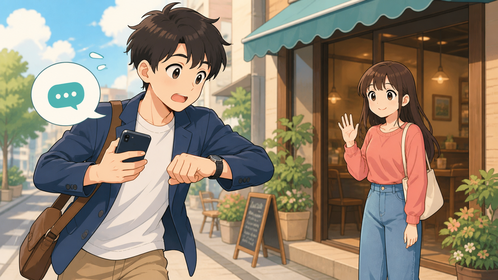 A student arriving late to meet a friend